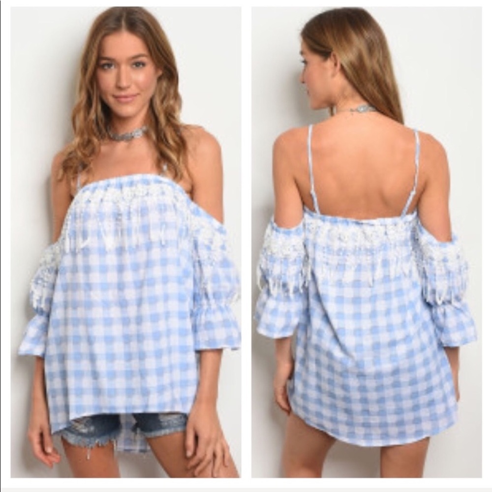BLUE AND WHITE CHECKED OFF THE SHOULDER TOP WITH‎ REMOVABLE SPAGHETTI STRAPS-NWT